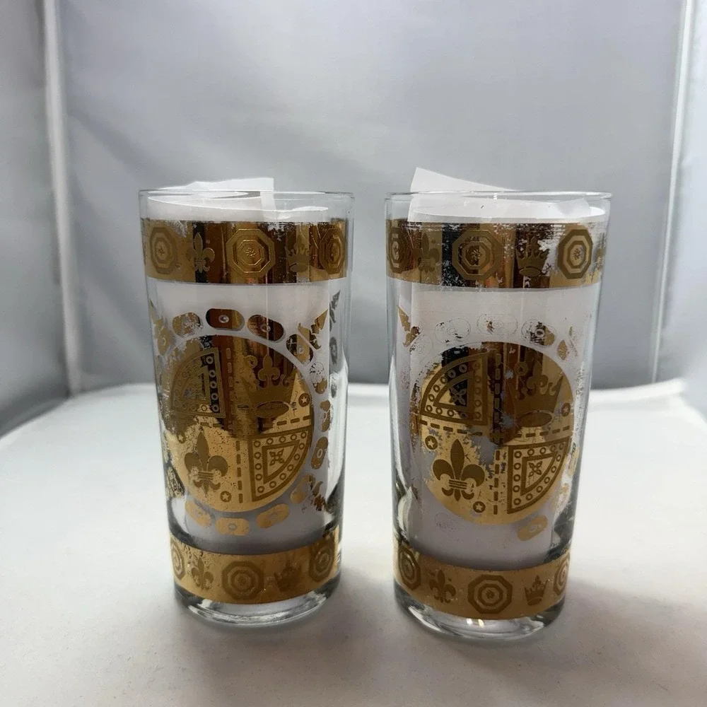 VTG MCM Vito Bari Barware Set 8 Highball Glasses, Ice Bucket & Caddy 22KT Gold